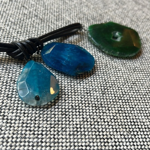 Handmade Blue and Green Stone Necklace with brown cord , Made in Athens, Greece - Picture 10 of 17